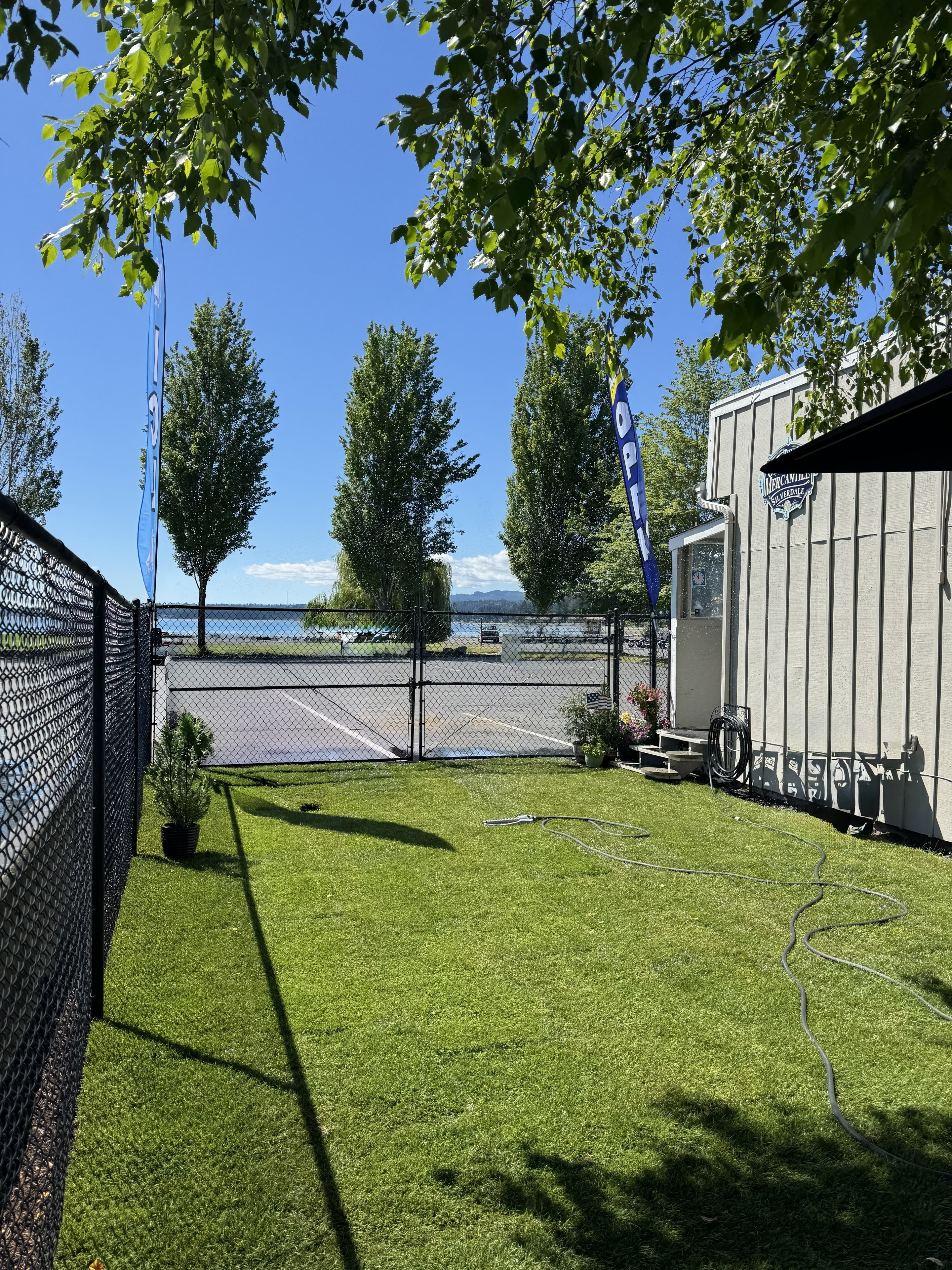 Grassy Byron Street Bites yard with a waterfront view