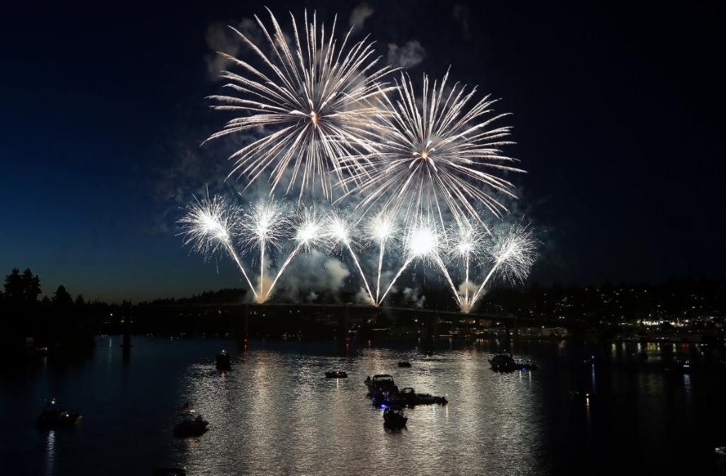 Fireworks reflected across the waterfront during Silverdale Whaling Days