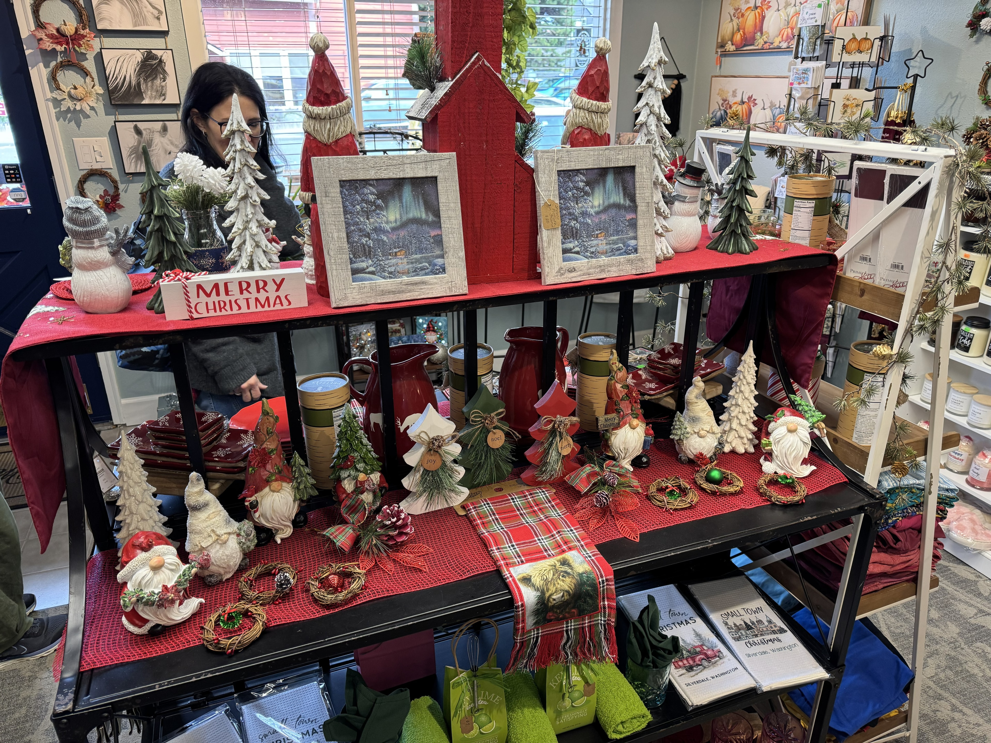 Christmas holiday display with gnomes, framed northern lights art, and festive trees