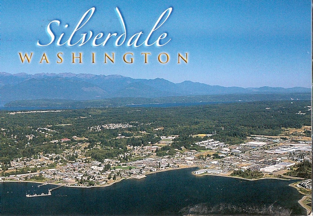 Vintage aerial postcard view of Silverdale, Washington, showing Dyes Inlet and the surrounding landscape