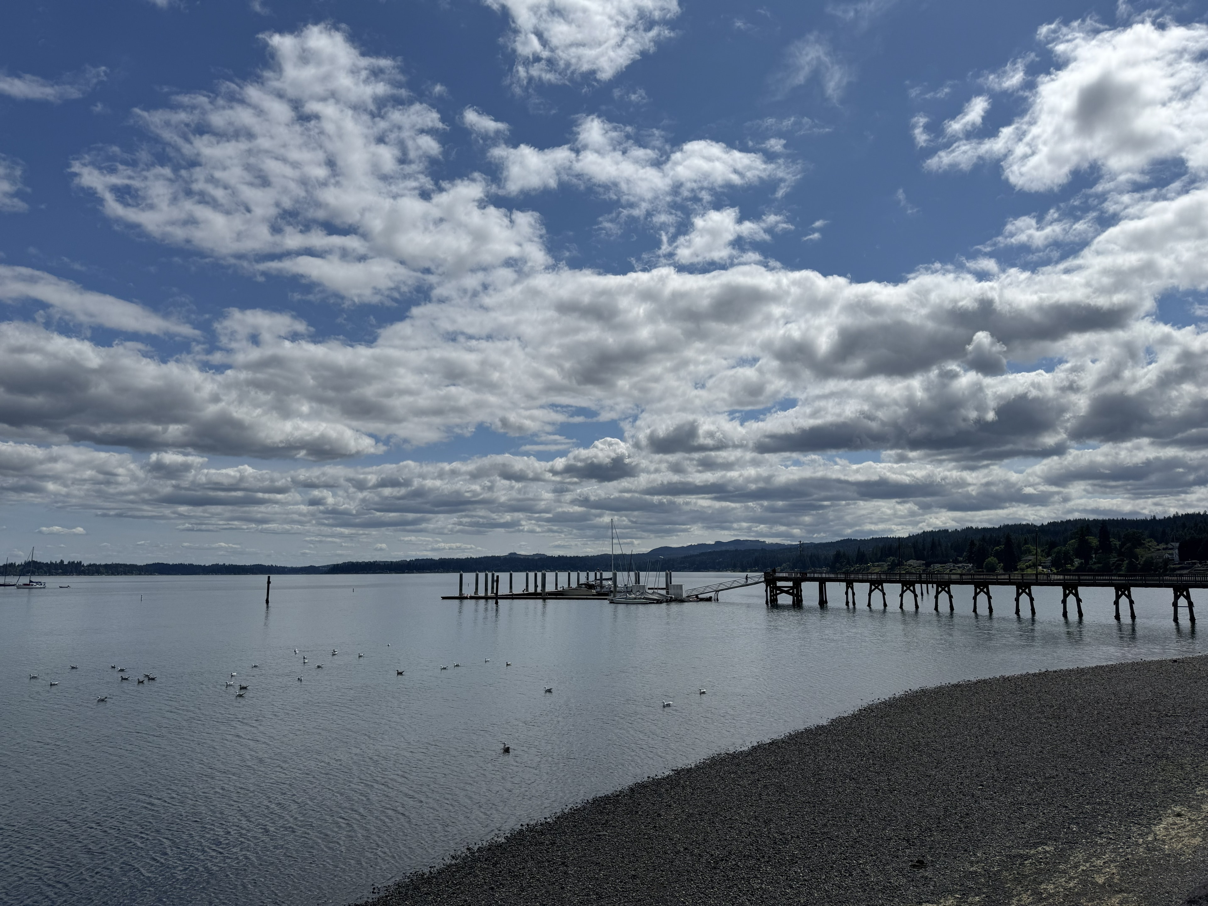 Calm Dyes Inlet water, boats, and marina pier beneath a cloud-filled Silverdale sky