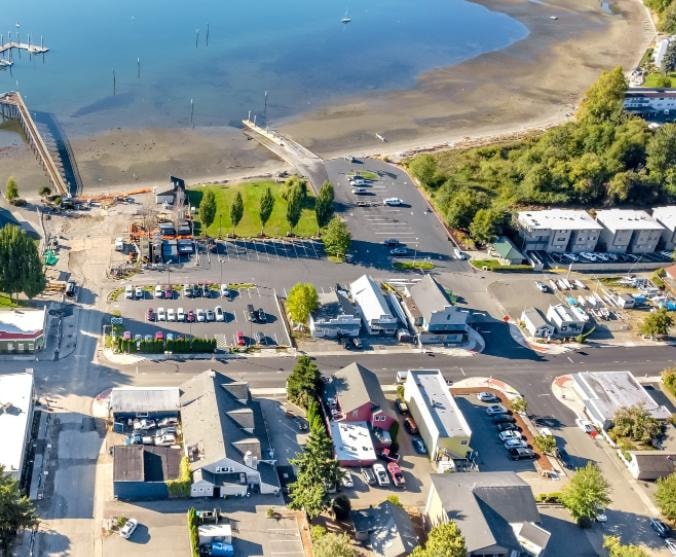 Aerial view of the Port of Silverdale boat launch and dock at Silverdale Waterfront Park